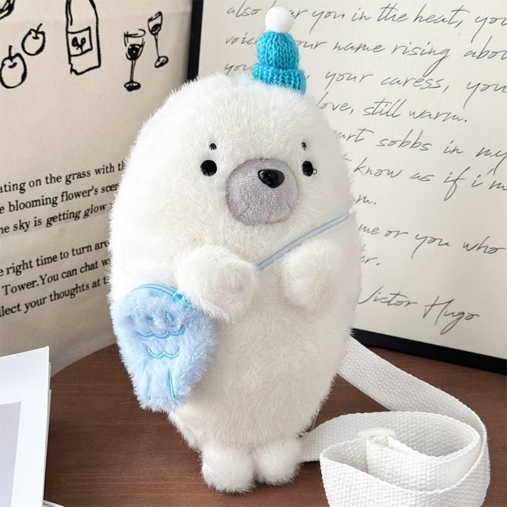 Fashion Soft Fluffy Cute Seal Shoulder Bag Cartoon Adjustable Straps Phone Bag Lightweight Fabric Handbag Women's Accessories