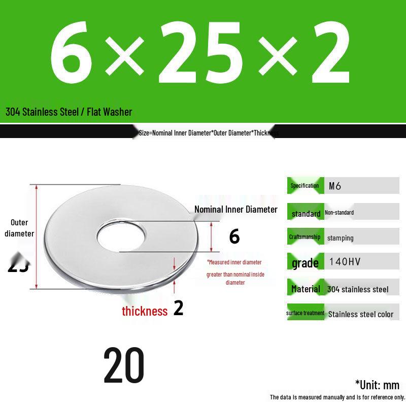 304 Stainless Steel Thickened Flat Washer Set, Sizes 2-36