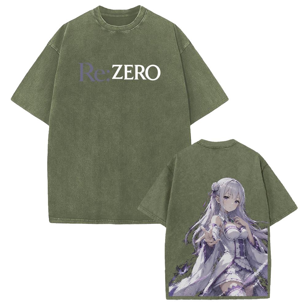 Emilia Re:ZERO Anime T-shirt Harajuku Vintage Washed Oversized T Shirt Men Women Clothing Short Sleeve 100% Cotton Tees Tops
