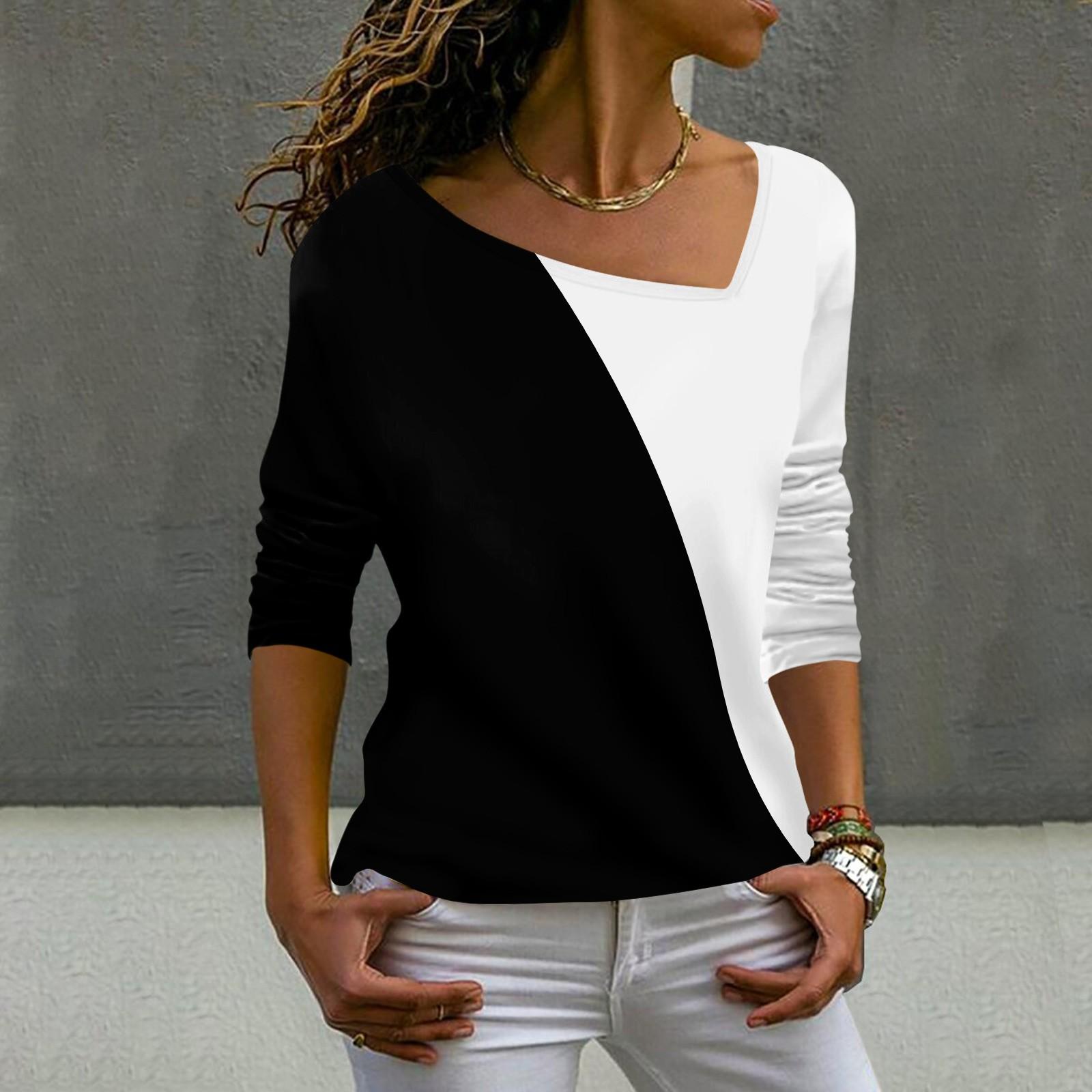 Women s Fashion Casual Slant Neck Irregular Color Block Splicing  Print Long Sleeve T-shirt Top XXL чёрный
