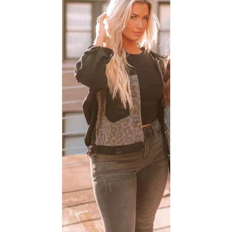 Women's Denim Jacket with Leopard Print - Long Sleeve, Autumn/Winter European and American Style