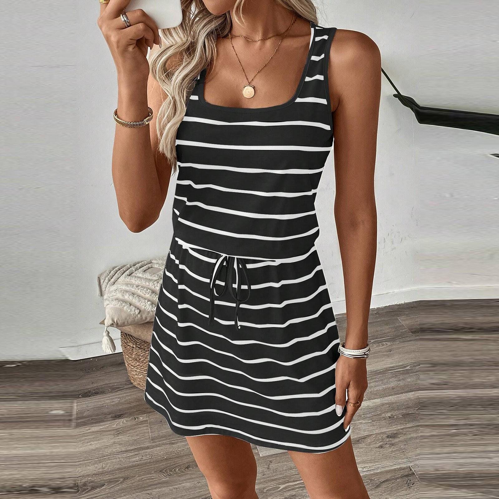 

Ladies Summer Fashion Casual Floral Print Sleeveless Round Neck Short Dress XL Темно-синій