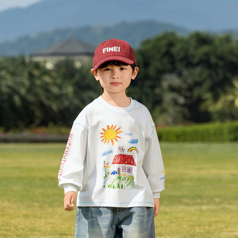 

Nausicaa Spring 2025 Kids Hand-Painted Korean-Style Cotton T-Shirt - Cute Long Sleeve for Boys & Girls 140 cm грязно-белый