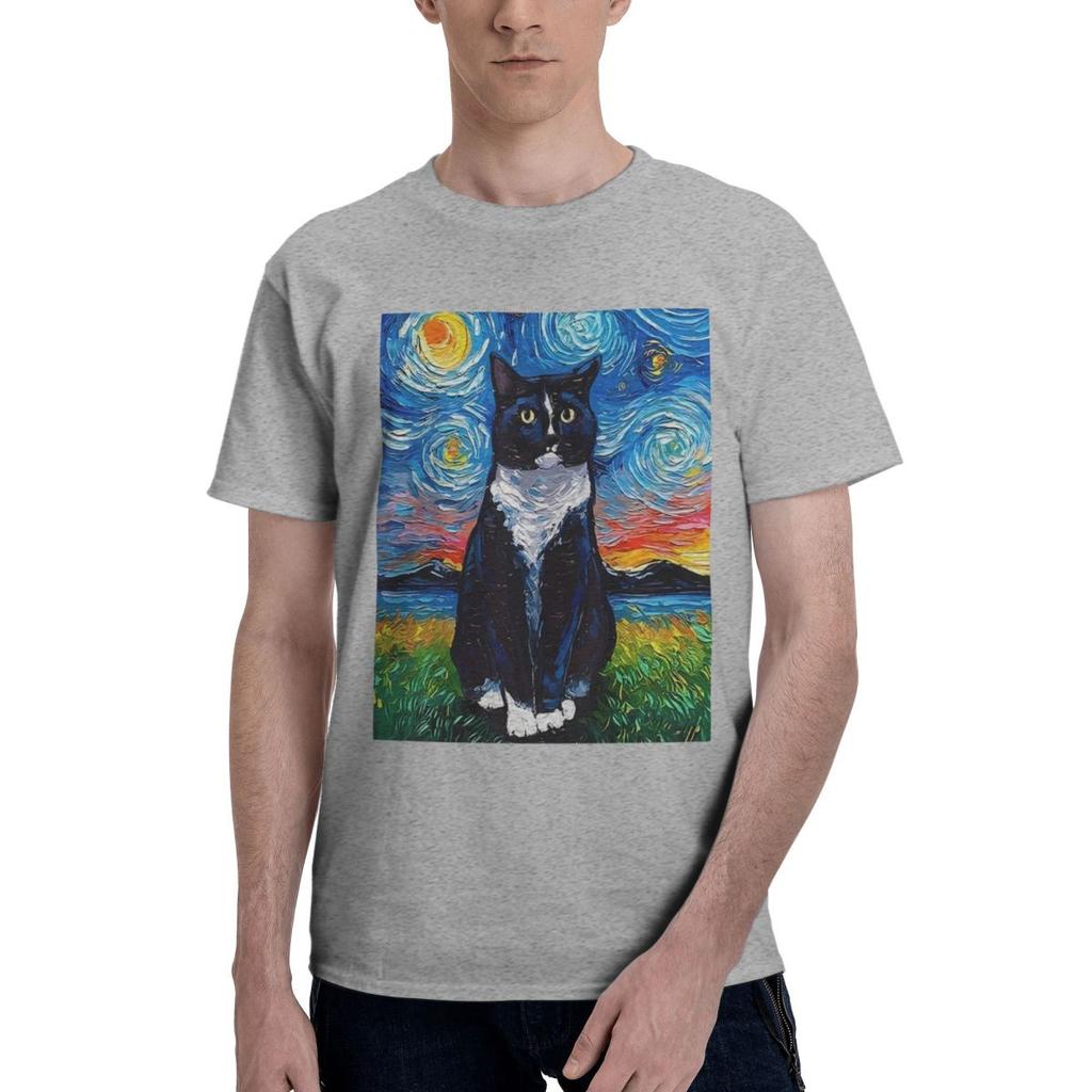 Black And White Cat Starry Night Print 100 Cotton Casual Breathable Confortable Men Top Mens Clothing Brands Men TShirt