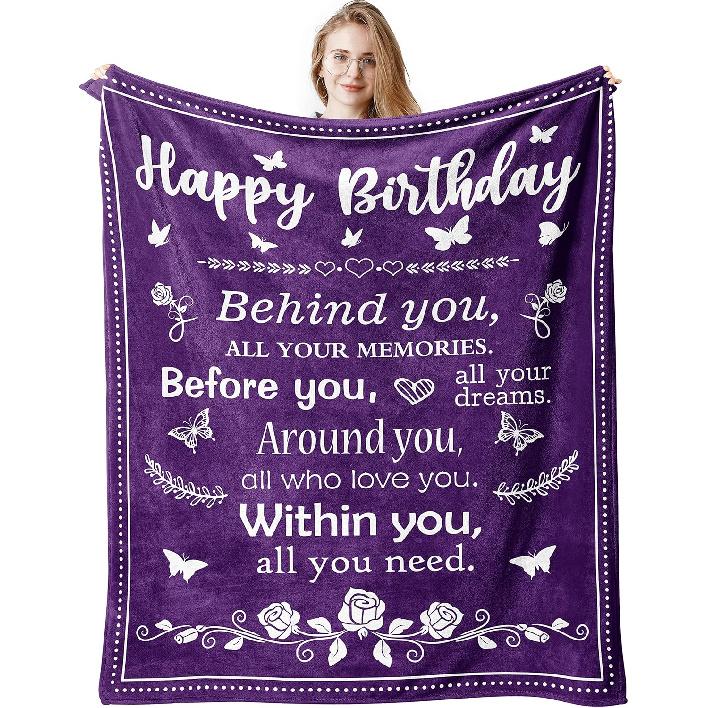 Birthday Gifts for Women/Men/Her/Him Friendship Blanket Purple 60"x50", Happy Birthday Decorations Women/Men Throw Blanket, Bday Gifts for Women