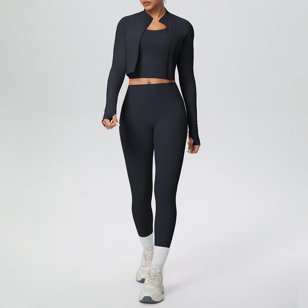 Three-Piece Yoga Set: Cross-Back Sports Tank, Zipper Jacket, High-Waisted Butt Lifting Leggings