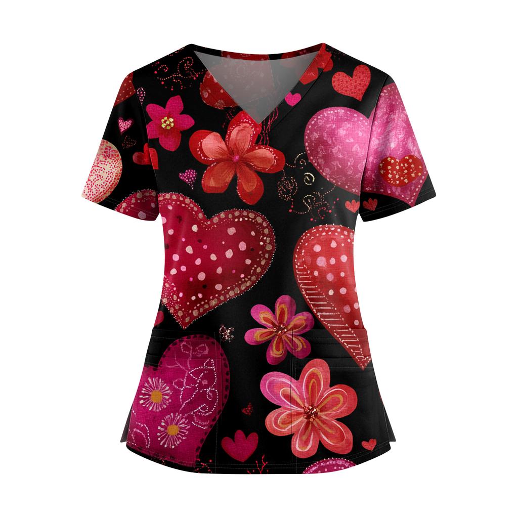 Women's Valentine's Day  Printed V-Neck Double Pocket Short Sleeves Hem Slit  Uniform Caregiver Top