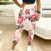 Summer Ladies Realistic Large Flowers Prints Printed Sweatpants Loose Fit Drawstring Joggers Elastic Cuff Daily Casual Pants