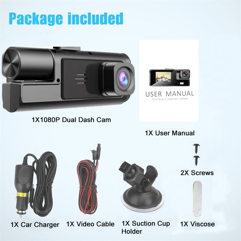 1080P Dual Dash Camera for Car Front and Inside Dashcam Car Security Video Recorder,170°Wide Angle Vehicle Cam,WDR,G-Sensor,2’’ IPS Screen,Loop