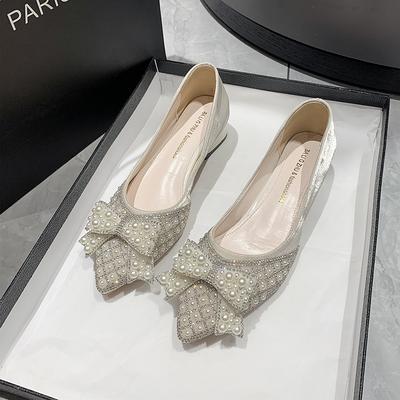 Fashion Spring New Coarse Heel Shoes Women's Pointed Head Shallow Mouth Diamond-pearl Butterfly Knot Anti-slip Wear-resistant Heel Shoes