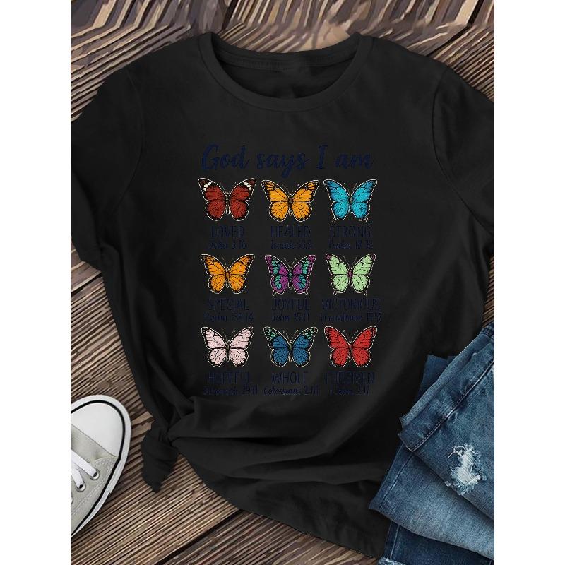 

Womens Colorful Butterfly Print T Shirt Round Neck Short Sleeve Casual Regular Length Spring Summer Fashion Top 4XL чорний