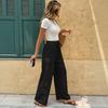 Womens Summer Beach Pants Boho Drawstring Elastic Waist Hollow Out Wide Leg Casual Lightweight Trousers