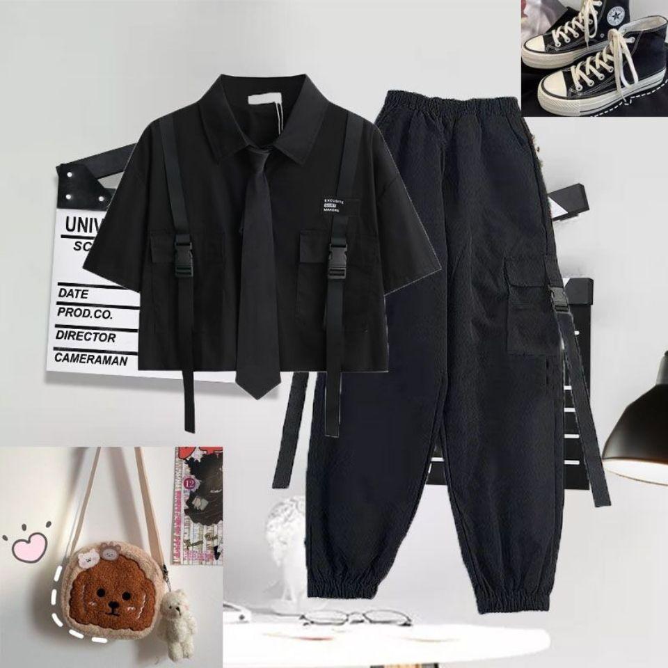 Podzimní streetwearové kalhoty s vysokým pasem rovné stuhy cargo kalhoty Studentské volné tričko s krátkým rukávem a kravatou Dvoudílná sada