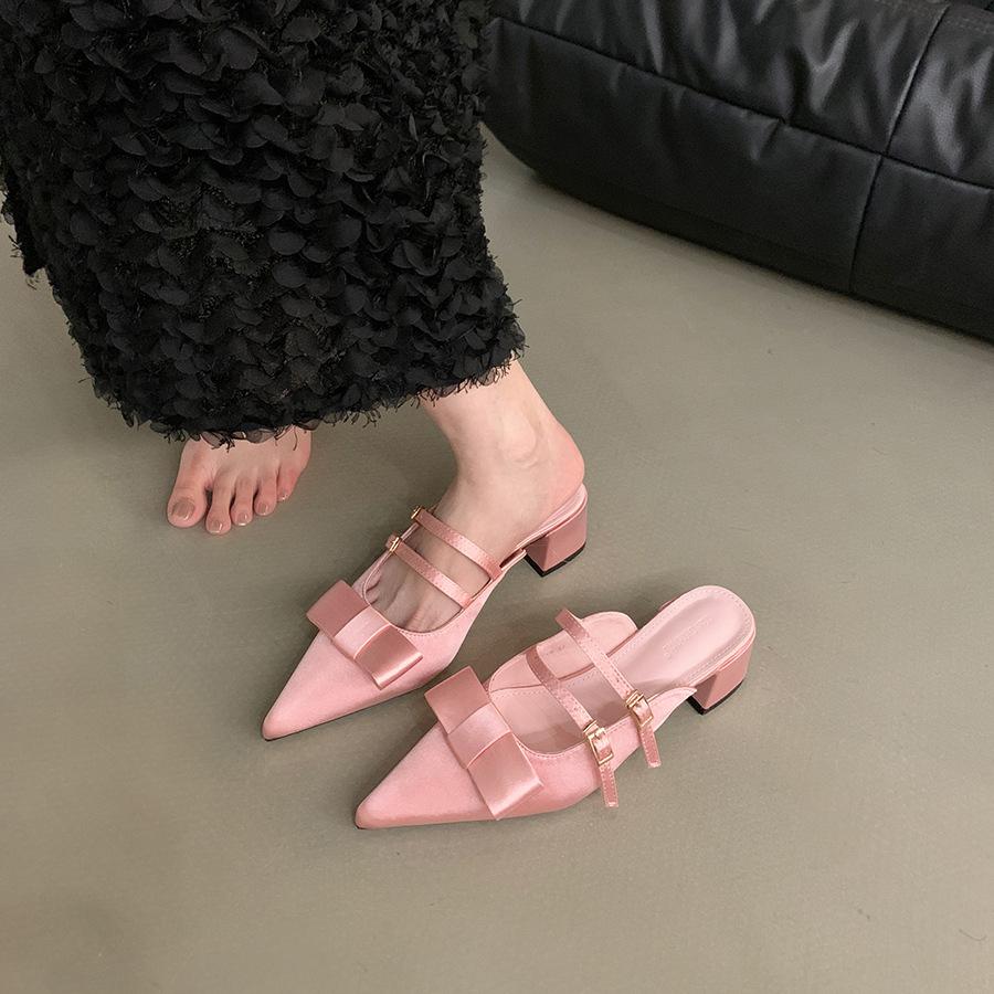 Coarse heel French bow bag head half slippers women's shoes wear 2025 new summer pointed Mary Jane sandals