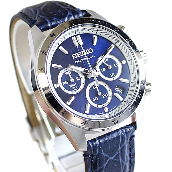 SEIKO SPIRIT Chronograph Watch, Navy Leather Strap Model SBTR019, Silver Case, Men's Everyday Business Style