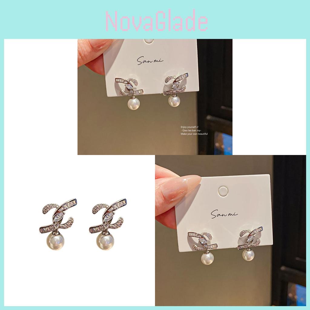 Geometric Zircon Pearl Stud Earrings With Silver Needle Finish For Women