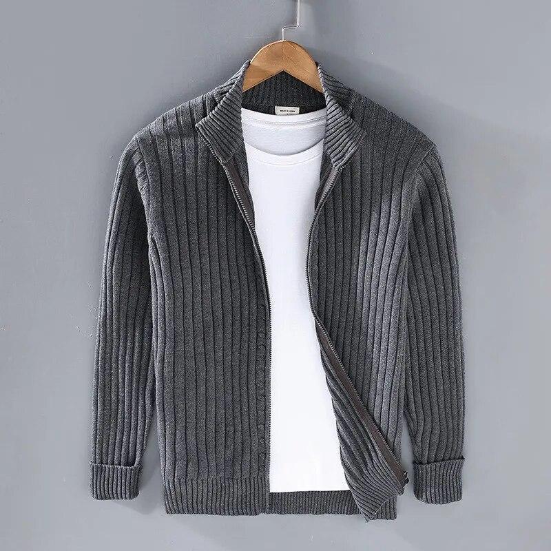 Autumn Winter Men Cardigan Sweater Men's Stand Collar Zipper Cotton 100% Thickened Knit Solid Color High Street Clothes