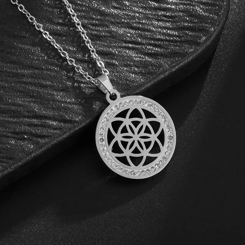 Stylish Stainless Steel Mandala Lotus Pendant Necklace Inlaid with Sparkling Zircon Lucky Amulet Jewelry for Women