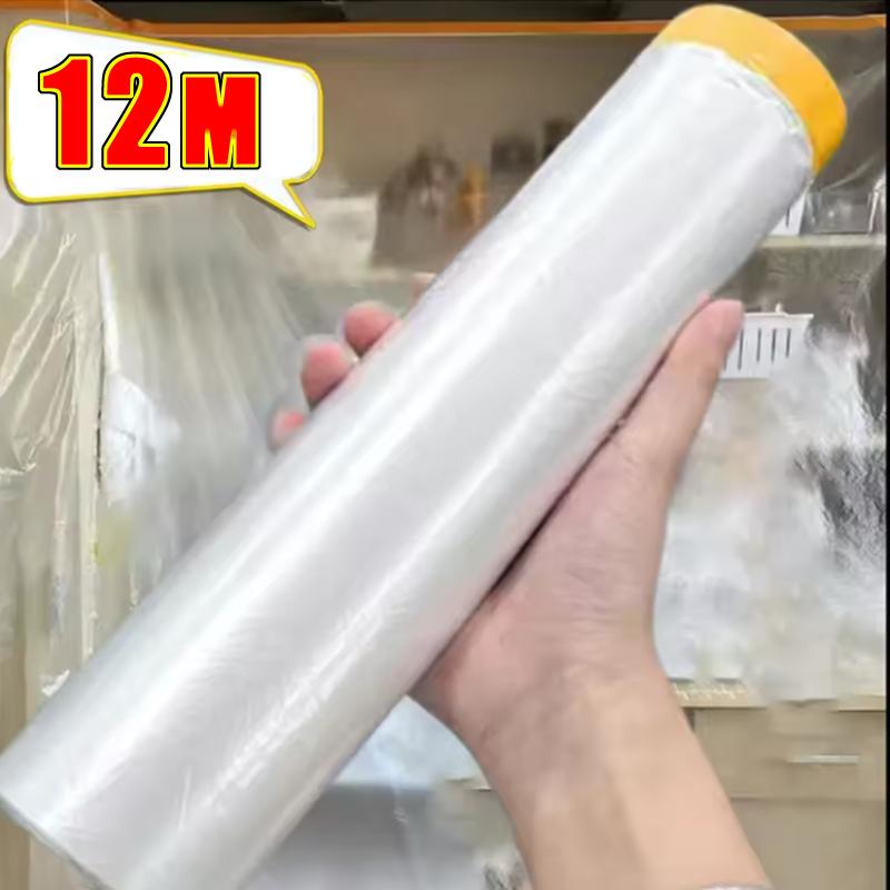 Disposable Cuttable Dust Film Self-adhesive Dustproof Film Car Paint Masking Tape For Furniture Dust Protection-12m Length