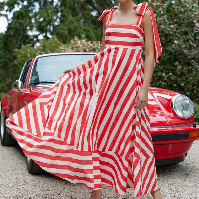 Women Spring Sleeveless Striped Print Suspender Camisole Dress Summer Casual A-Line Backless High Waist Large Swing Long Dresses S-XL