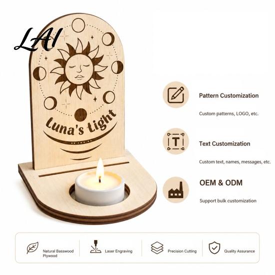 Decorative Tealight Stand Wooden Tarot Card Holder Stand of The Day Candle Holder Moon Rustic Home Decor Sun Star Pattern Altar Display for
