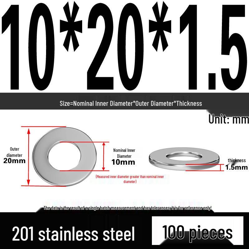 201 Stainless Steel Flat Washer Shim, GB97, Sizes M3 to M30