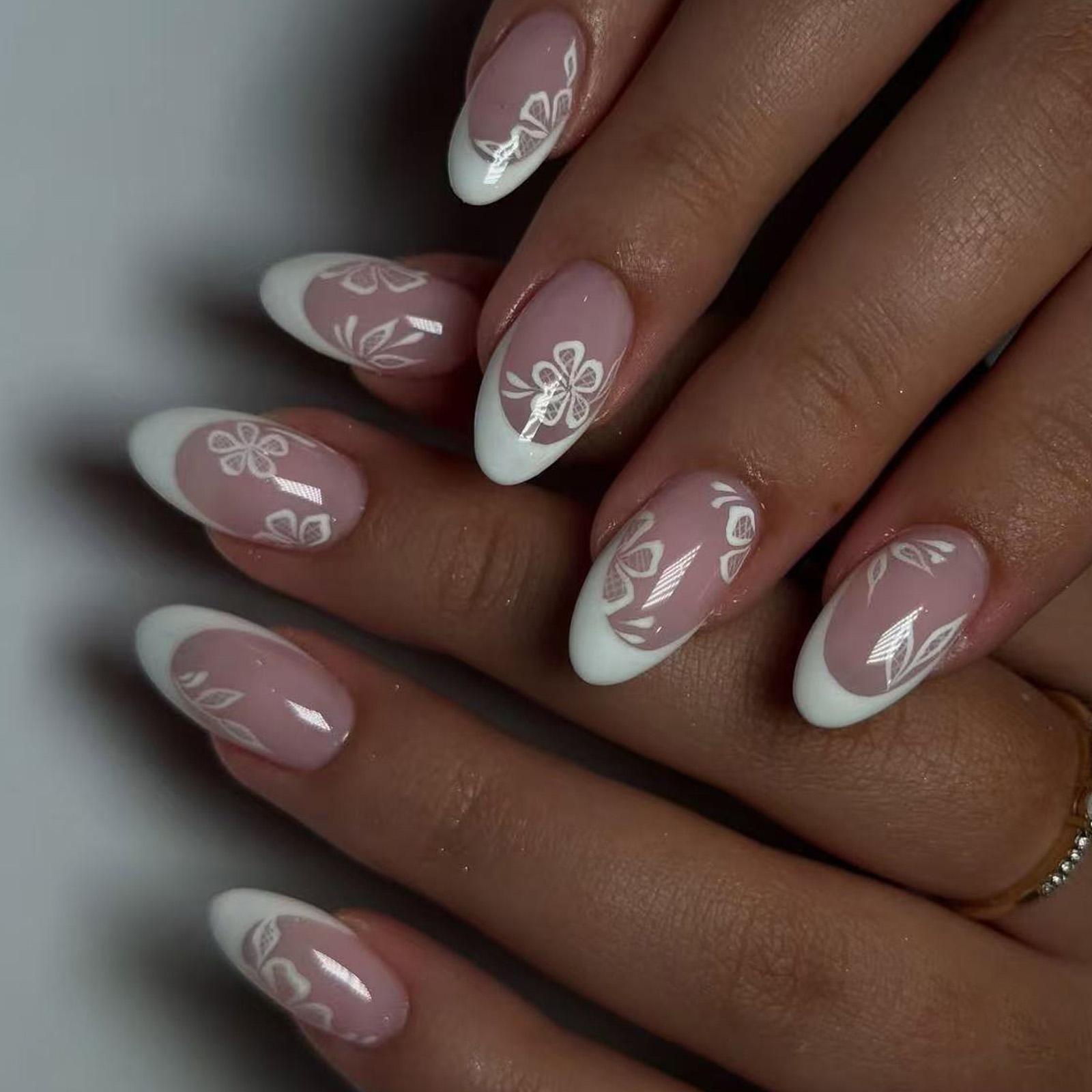 

Накладные ногти короткие миндалевидные французские акриловые накладные ногти с полным покрытием дизайн с цветами накладные ногти для женщин и девушек