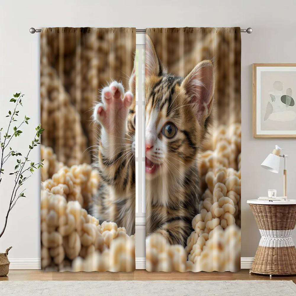 

Set Of 2 Filtering Curtains Excluding Rods Non Movable Without Batteries Cute Cat Use Bedrooms Living Rooms Curtain Polyester Perfect For Area W100*H70(CM)-Hooks&2PCS