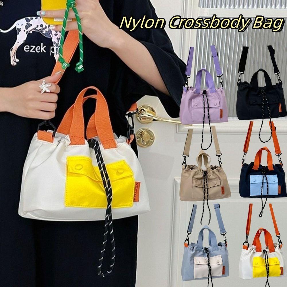 Contrast Color Nylon Crossbody Bag Cloth Drawstring Bucket Bag Fashion Shoulder Pouch Students