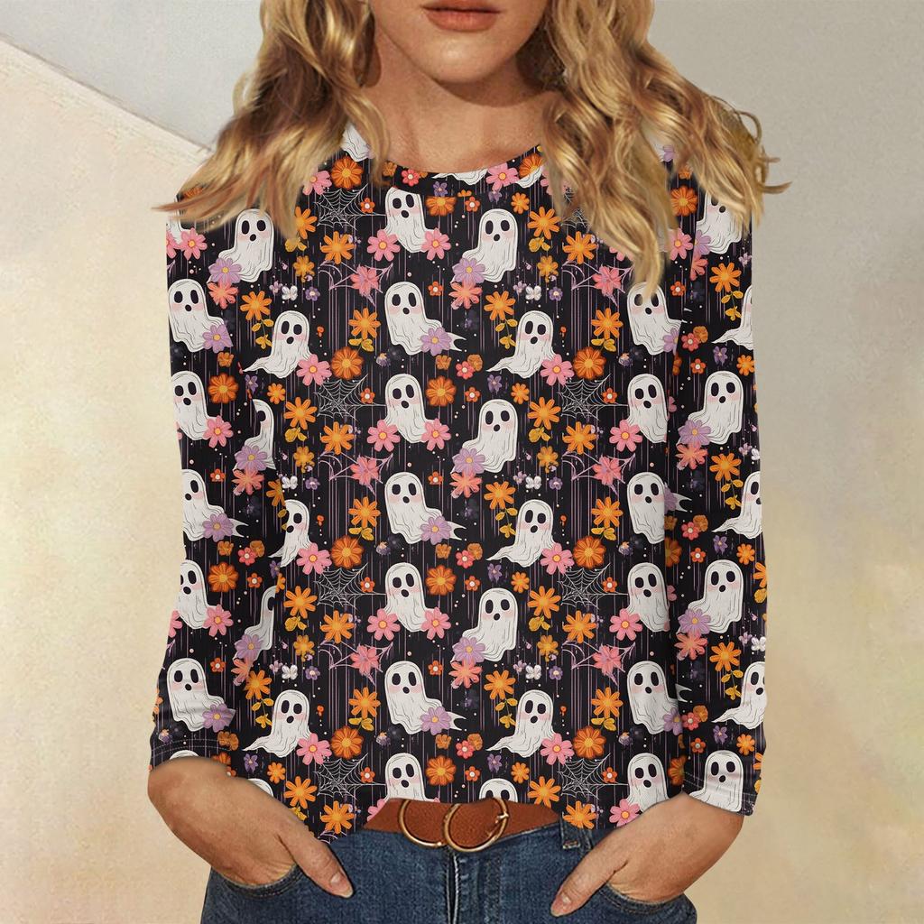 Langarmshirts Für Damen Niedliche Halloween-Print Grafik-T-Shirts Blusen Lässig Große Größen Basis-Oberteile Pullover