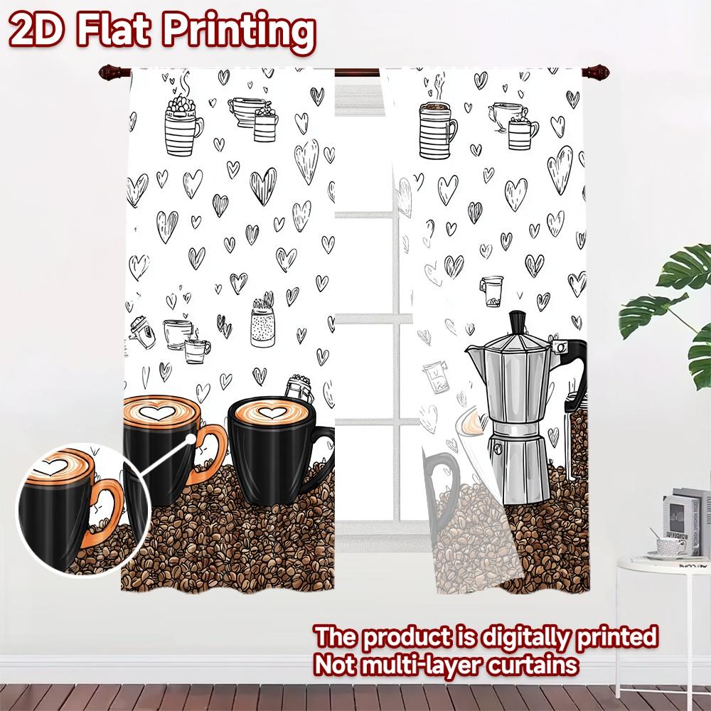 2D Flat Printing 2pcs Curtain Drapes Valentine Coffee Cups and Hearts Digital Printed Polyester Drapes Holiday Decorations Use