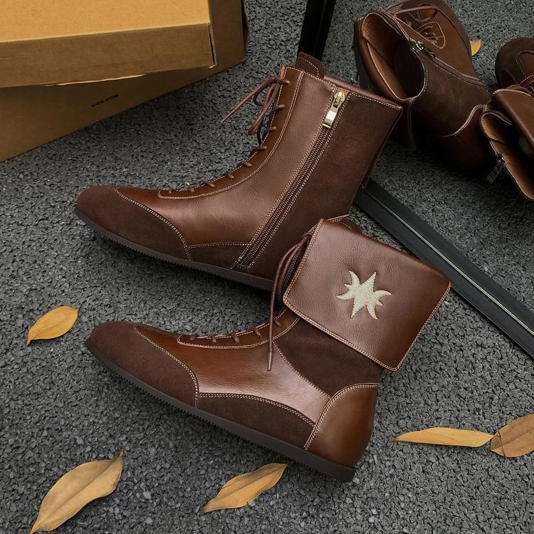 Leather Martin Boots Women's 2025 Autumn and Winter New Color Matching Wasteland Wind Round Head Side Zipper Short Boots Comfortable and Versatile Boo