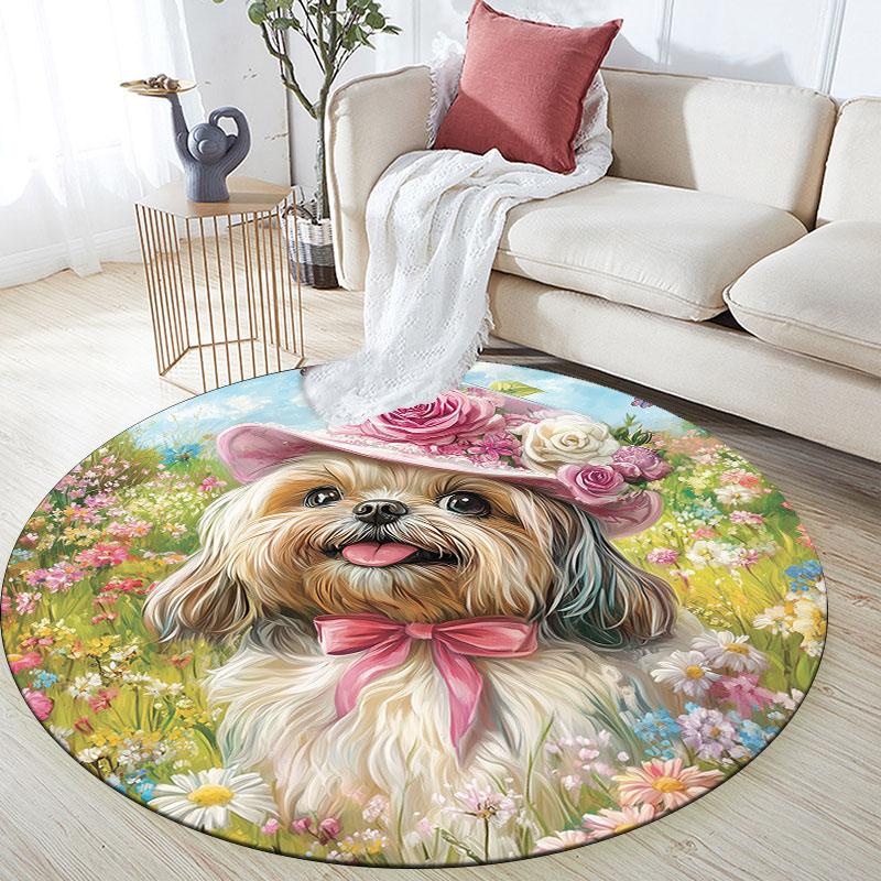 Shih Tzu & Flowers Pattern Round rug,Carpet Rug for Living Room Bedroom Playroom ,Non-slip Floor Mat,Holiday Gifts and Birthday Gifts.