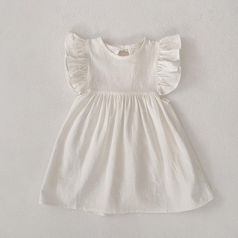 

Европейско-американское весенне-летнее детское хлопковое платье принцессы с кружевом на шнуровке, рукавами-крылышками и открытой спиной для повседневной носки 130 cm белый