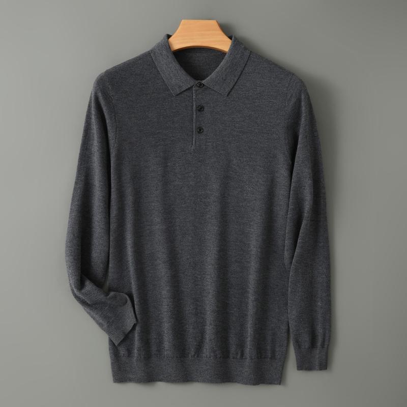High Quality Worsted Spun Collar Wool Sweater Men's Spring and Autumn Business Polo Sweater Thin Long Sleeved Knitted T-Shirt