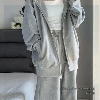 Women's Loose Hooded Grey Sweatshirt & Wide-Leg Pants Set for Autumn/Winter