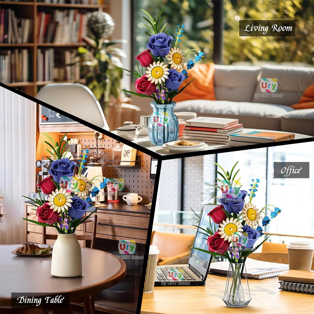 Flower Bouquet 3D Daisy Rose Lily of The Valley with Vase Set Building Block Model Home Decoration Valentine's Day Gift for Girl