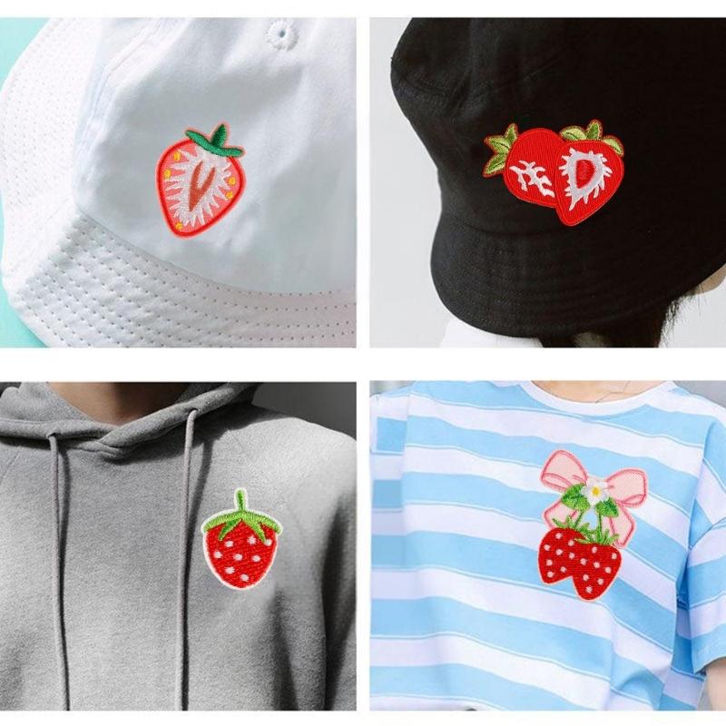 7Pcs Strawberry Animal Iron On Fabric Patches Applique For Clothing Jackets Bag Hat Sewing Adhesive Embroidered Applique