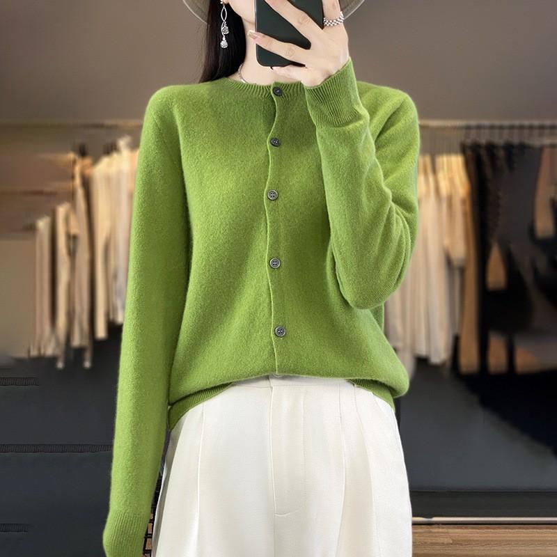 Womens Wool Knit Cardigan Sweater Round Neck Long Sleeve Lightweight Outerwear Fall Winter
