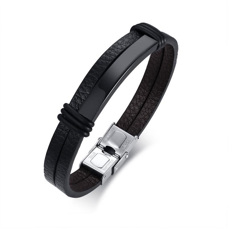 

Vnox Mens Black Leather Bracelets Personalized Engraving Customize Info pulsera masculina 8.07