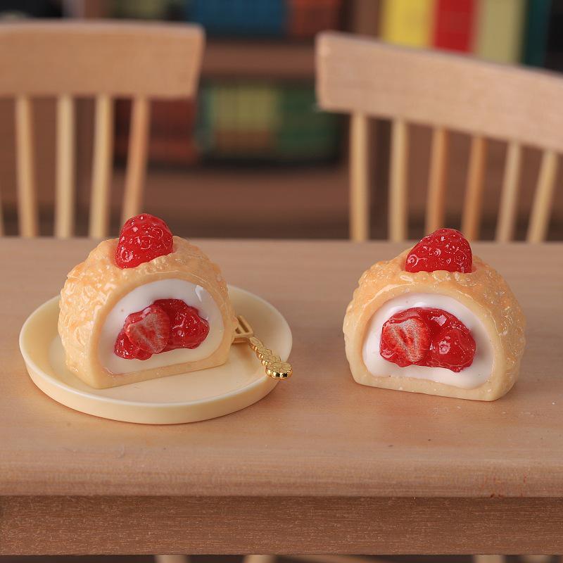 Miniature Strawberry Cream Cake Dollhouse Ornament Keychain Pendant Resin Accessory.