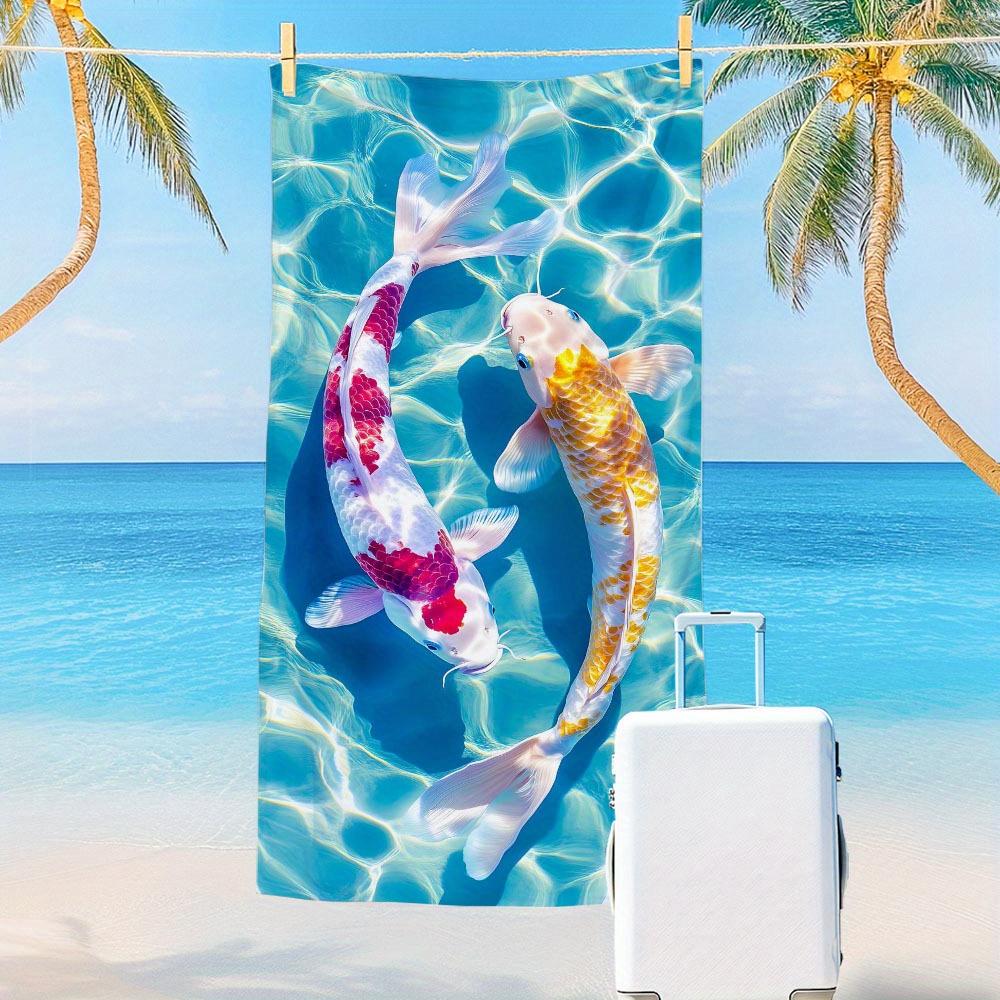 1 Extra Large Beach Towel - Features A Vibrant Koi And Tropical Palm Tree Pattern, Perfect For The Beach Pool - Machine Washable