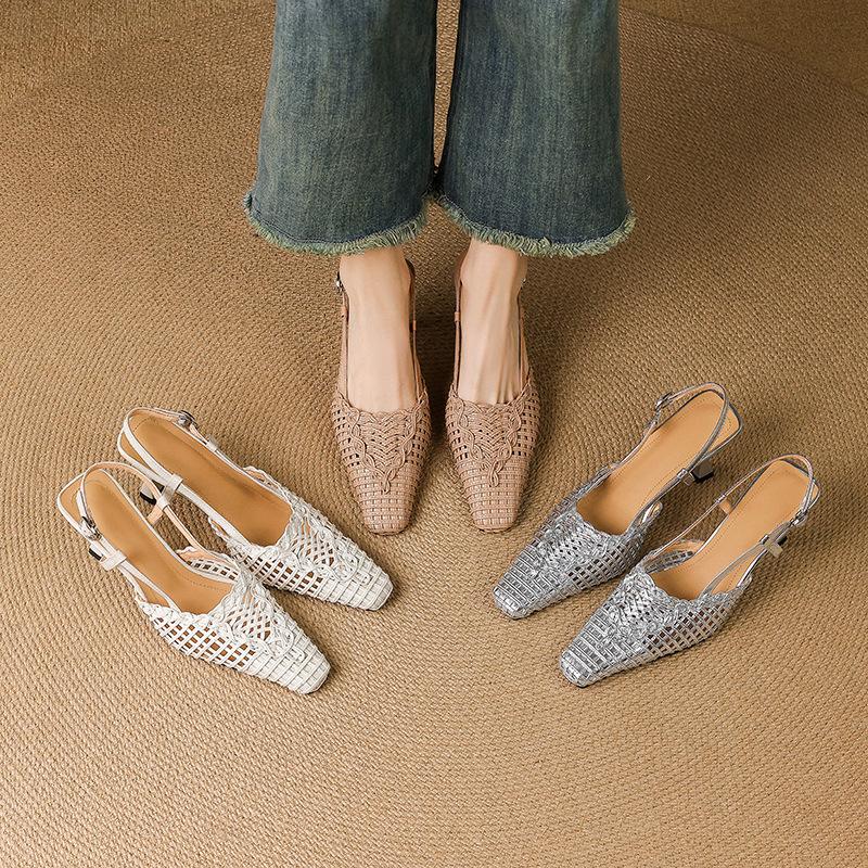 French niche design sense woven square head hollow bag head sandals women's skirt summer green vacation sandals