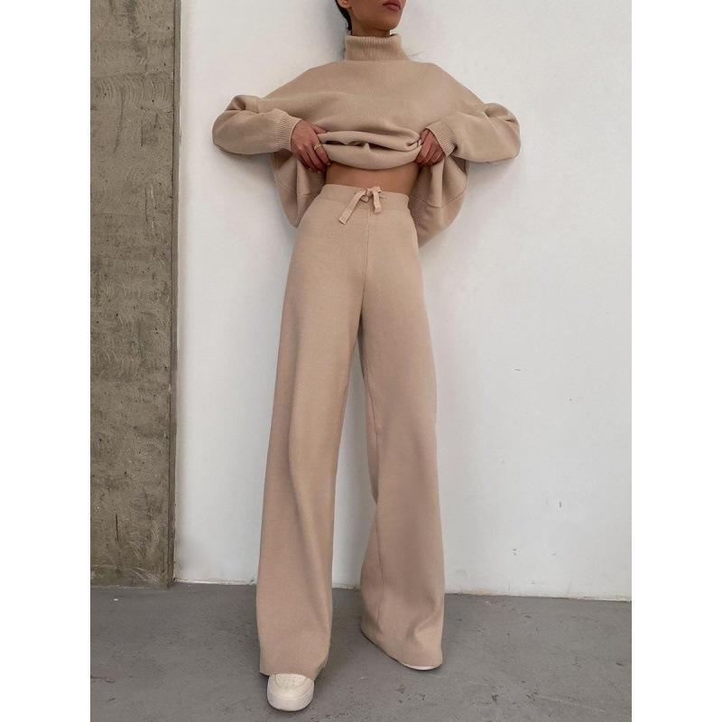 

2024 Европейский и американский повседневный модный костюм с длинными рукавами и широкими штанинами и высоким воротом 3XL бежевый