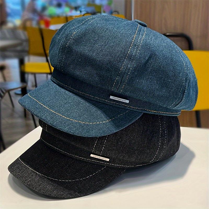 Women'S Denim Beret Hat with Metal Tag, Washed Distressed Design, Sun Protection, Inelastic, Stripe Craftsmanship, Versatile for Spring & Fall Outings