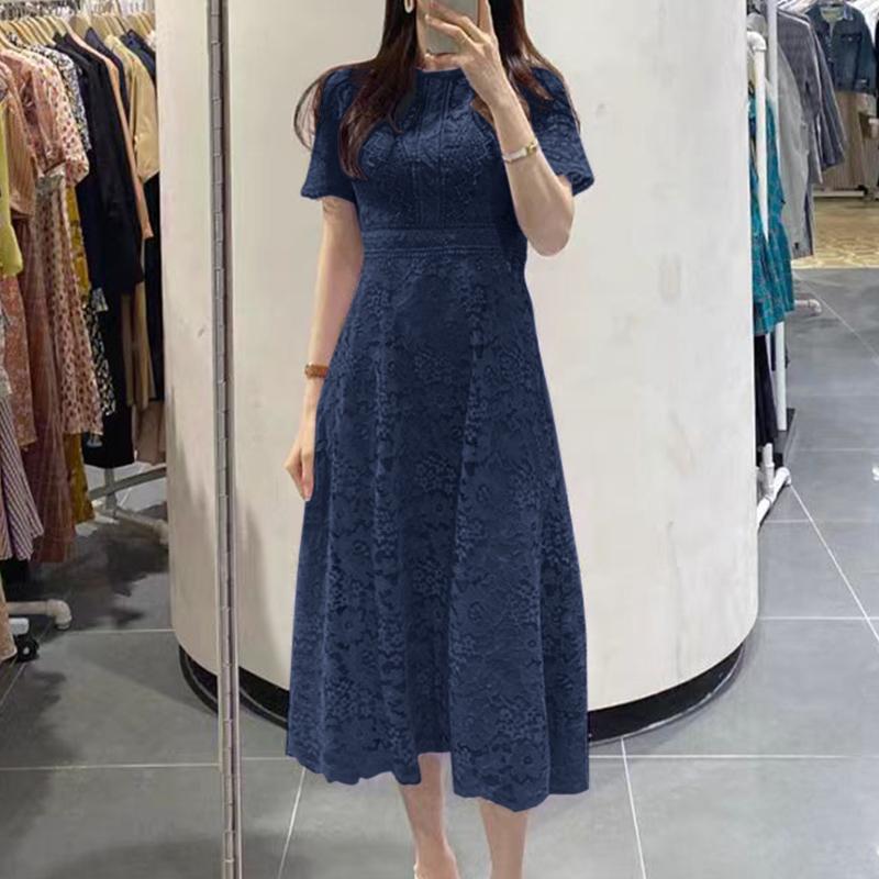 

ZANZEA Женское повседневное элегантное кружевное платье-пэчворк с вышивкой, с коротким рукавом, длинное темно-синий