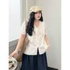 Plus Size Women Clothing [French Style Sweet Shirts] Summer Wooden Ear V-neck Lace-up Loose Belly Covering Short Sleeve Shirt