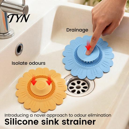 Insect Proof Drain Guard Sunflower Silicone Floor Mat, Bionic Petal Design Anti-Clog Sink Bathroom Strainer Hair Filter, Odor-Proof Drainage Protector