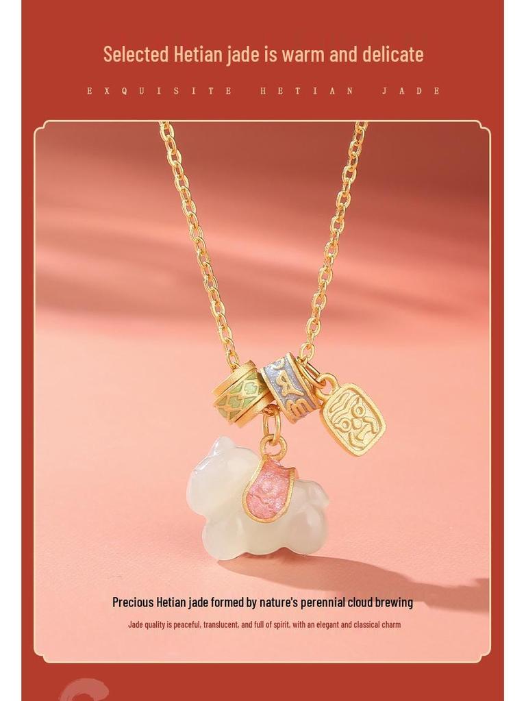 Hetian Jade Horse Necklace: S925 Silver Mantra Zodiac Clavicle Chain for Women