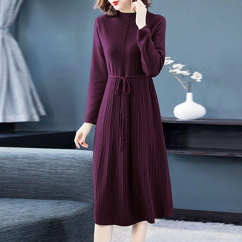 

Вязаное платье с полувысоким воротником для женщин на осень и зиму однотонное миди шерстяное платье повседневный пуловер с длинным рукавом 2XL фиолетовый